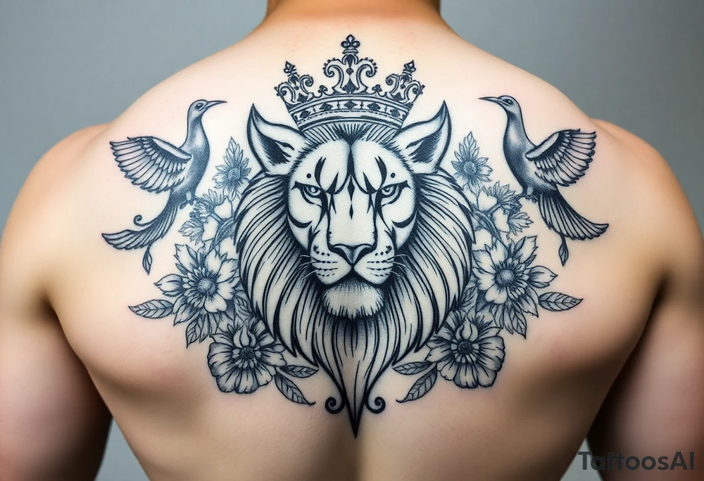 powerful majestic lion with a crown, surrounded by floral ornaments and birds tattoo idea