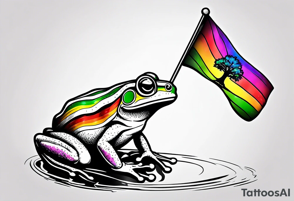 Small frog holding a rainbow flag tattoo idea