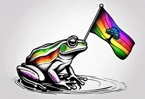 Small frog holding a rainbow flag tattoo idea