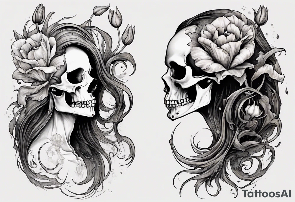 A profile view of a joyful female skull adorned with flowing, long hair, surrounded by symbolism representing the cycle of life and decay. Include a contrast between a fully decayed tulip, a pristine and vibrant tulip in full bloom, and a delicate tulip bud, all harmonizing with the eerie yet beautiful ambiance of the scene. tattoo idea