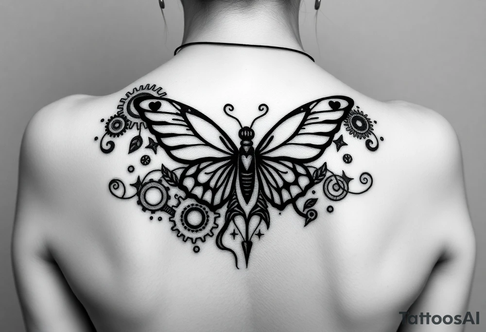 tattoo design for back spine with techno mechanical aspects representing life and eternity.  sprockets gears screws levers hearts circles love universe spiral butterfly tattoo idea