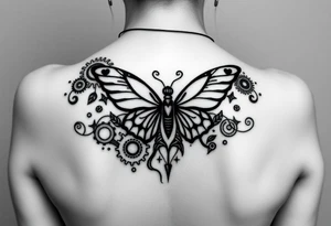 tattoo design for back spine with techno mechanical aspects representing life and eternity.  sprockets gears screws levers hearts circles love universe spiral butterfly tattoo idea