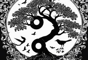 yin yang, tree, birds tattoo idea