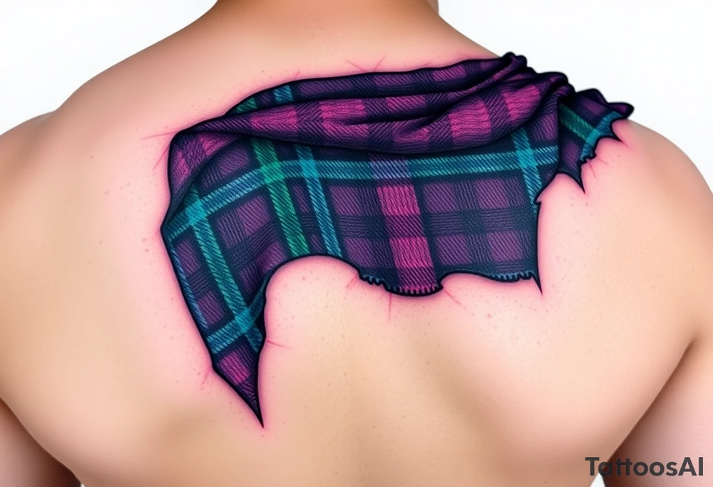Dark Purple with green pink blue and white highlights tartan fabric with skin around edges peeling and wrapping around side of shoulder tattoo idea
