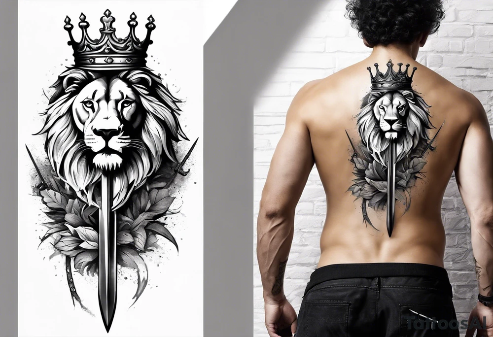 Back Tattoo of a Sword starting at the lower neck going down the spine. On the left of the sword is a lion wearing a crown of thorns and on the right side of the sword a lamb wearing a kings crown tattoo idea