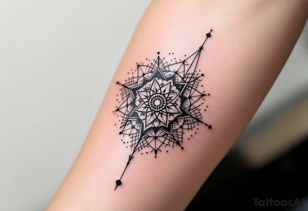 simple, minimalist tattoo, sacred geometry mandala, centerpiece design, dotwork patterns, radiating geometry, symmetrical mandala, geometric shapes, intricate dotwork, sacred patterns, mandala center, geometric radiating, fine line work, black grey shading, minimalist design, no outlines, arm placement, delicate linework, precise geometry, clean symmetry, sacred symbols, geometric precision, dotwork details, mandala focal point, refined patterns, understated complexity, geometric harmony, minimalist tattoo idea