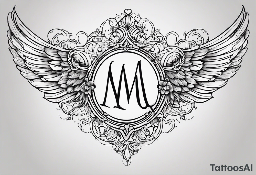 An interupted thin single line for the under arm, with symbols in the best fitting order for (1) the number 22, (2) a heart in forms of initials M and S, (3) angel wings and (4) the + symbol. All in the right order and proportion. tattoo idea