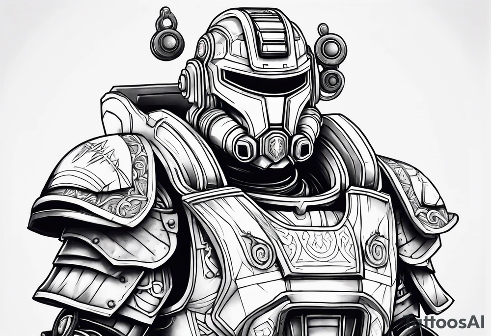 Power armor with Greek engravings tattoo idea