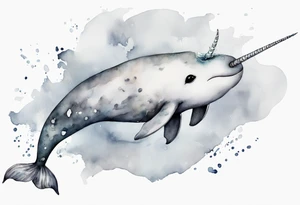 a melancholy watercolor painting of a realistic white narwhal swimming in a grey ocean tattoo idea
