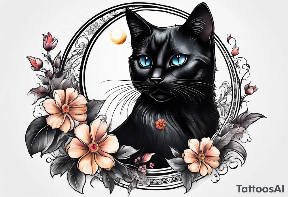 Photo realistic black cat with moon and flowers tattoo idea