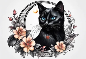 Photo realistic black cat with moon and flowers tattoo idea
