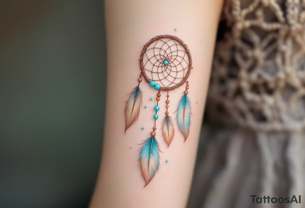 Dreamcatcher (česky lapač snů) tattoo featuring soft turquoise and beige feathers, a brown woven hoop with light blue beads, symbolizing protection and peaceful dreams in a delicate, boho style. tattoo idea