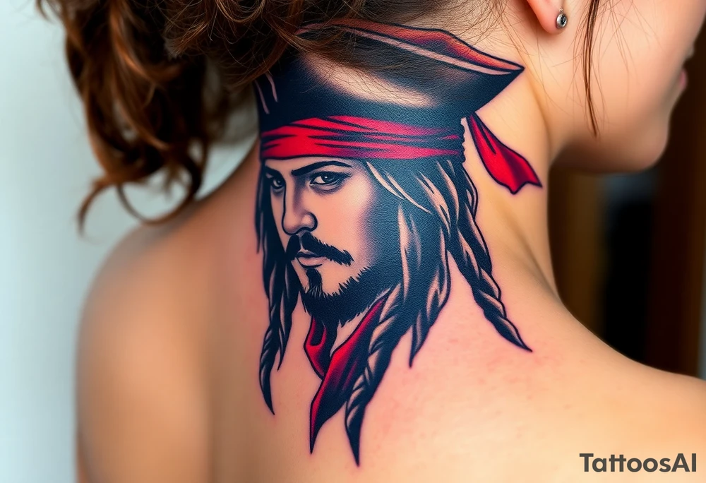 A stylized Jack Sparrow with exaggerated pirate hat and wild dreadlocks, done in bold black ink with deep red highlights for the bandana tattoo idea