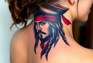 A stylized Jack Sparrow with exaggerated pirate hat and wild dreadlocks, done in bold black ink with deep red highlights for the bandana tattoo idea