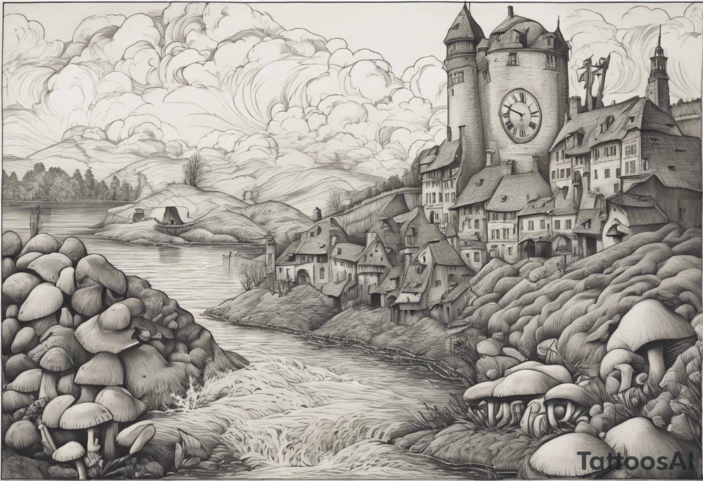 Le tattoo doit intégrer, un paysage montagneux, une horloge à 21h44.
Il faut aussi une pellicule de cinéma déroulée. Un vieux chapeau de l'armée italienne. des petits champignons au bord d'une rivière. avec une main de poker gagnante tattoo idea