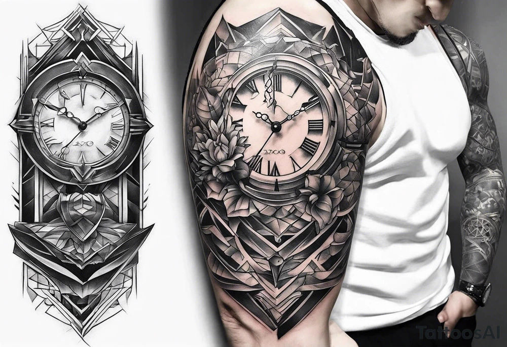 From left shoulder to forearm sleeve tattoo. Fine line geometric, concept design tattoo, ocean thunder fire , geometric and surrounds a previous tattoo of a watch on the tricep to biscep, include a chain at the top of the shoulder connected to the collar bone tattoo idea