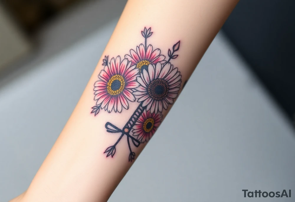 Gerber daisys wrap around wrist to cross on forearm with rich color add cross on forearm tattoo idea