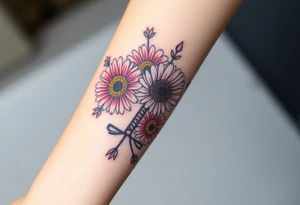 Gerber daisys wrap around wrist to cross on forearm with rich color add cross on forearm tattoo idea