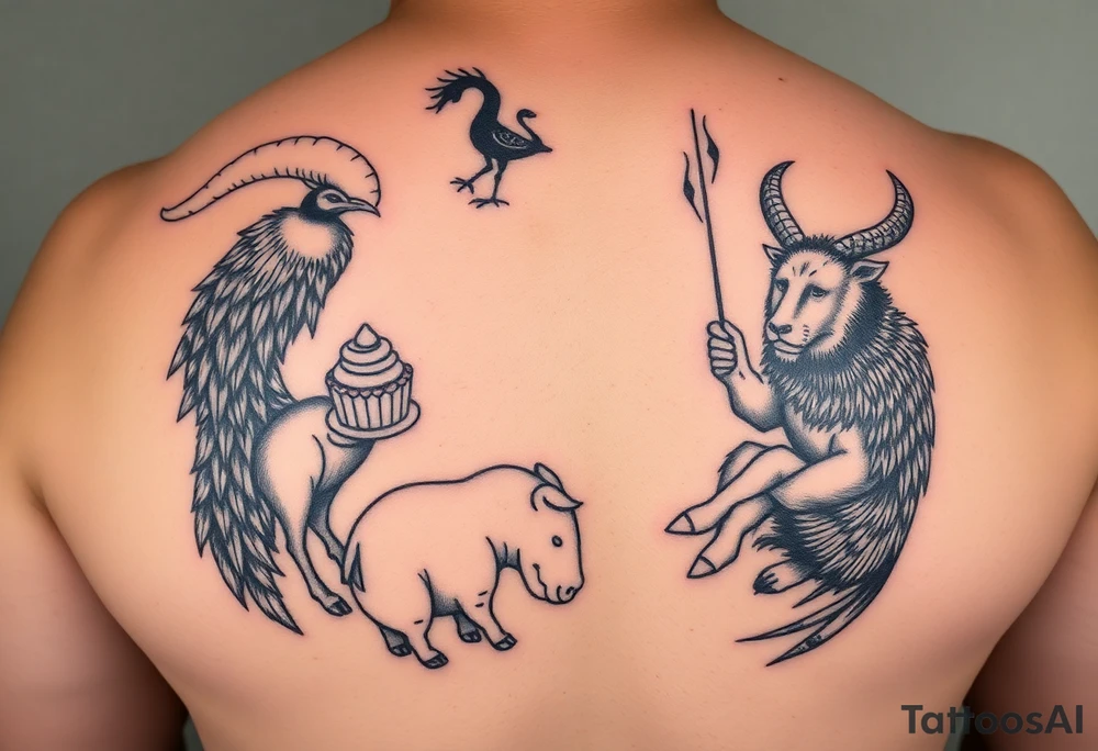 fat naked sexy woman , peacock , pig ,cakes, liquor, cigerette, Storm clouds, pig, peacock , fat sexy naked fat woman, cupcakes, noose , money, goat lion, couple having sex, cigerette storm lightening, killing, darkness death, violent majestic creatures tattoo idea