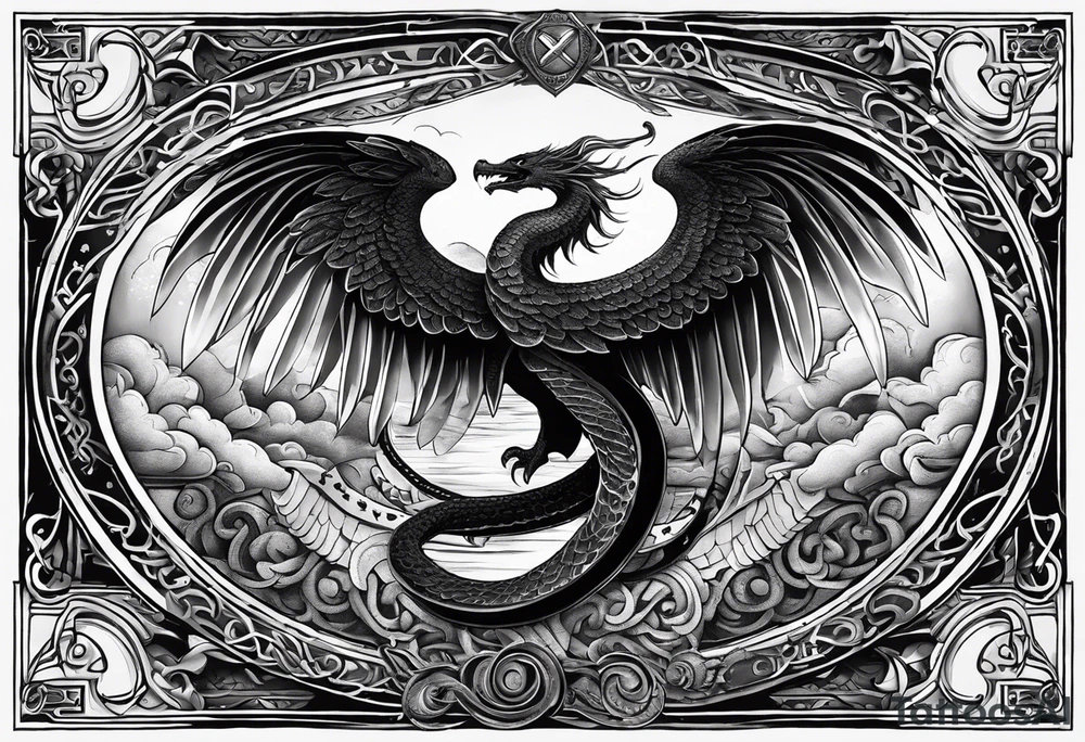 make the theme: Spiritual guardianship and divine authority. 
A majestic, winged serpent coiled around a shield and sword, with the verse inscription woven into the design. tattoo idea
