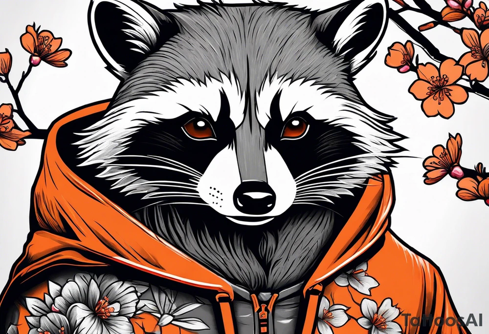 Raccoon wearing a white Superman logo on a black hoodie and orange Japanese cherry blossoms beside tattoo idea