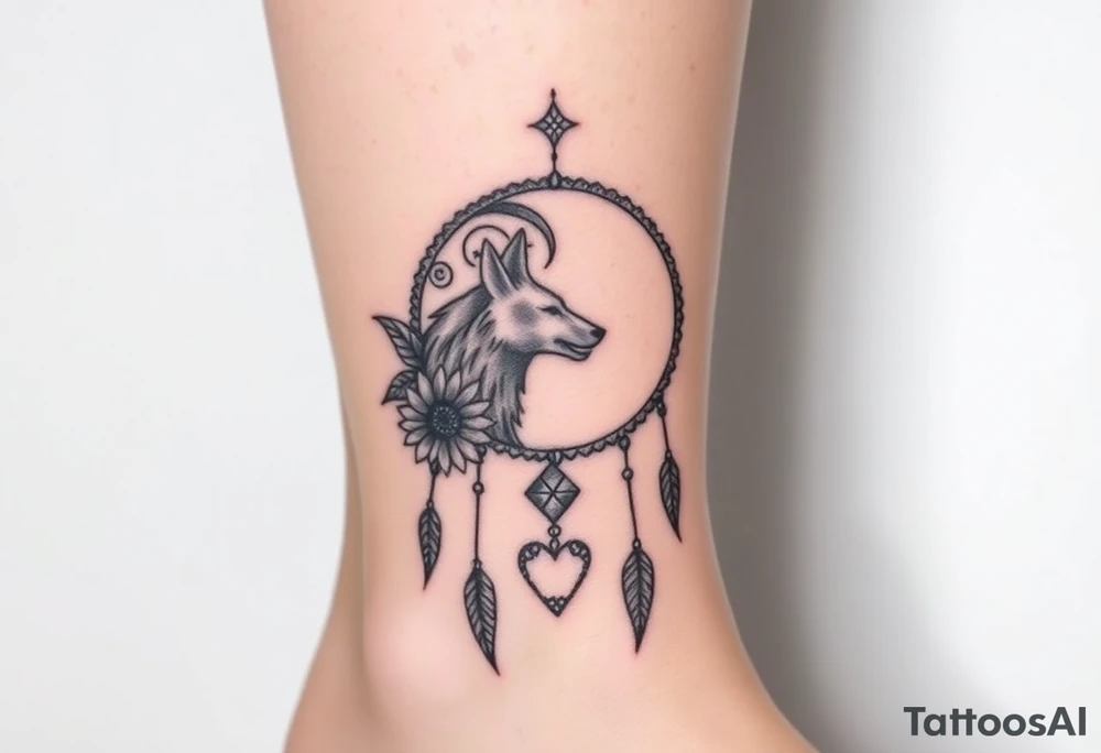 A Cresent moon dream catcher with sunflower, wolf, Harry potter, star wars, unicorn, fire heart all in one tattoo idea