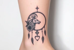 A Cresent moon dream catcher with sunflower, wolf, Harry potter, star wars, unicorn, fire heart all in one tattoo idea