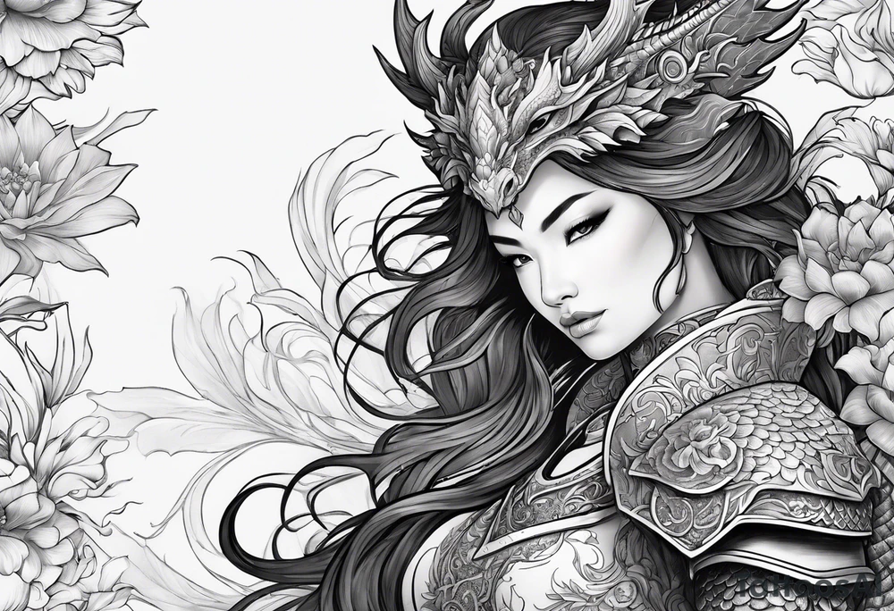 beautiful warrior woman wearing dragon armor and a floral background and a dragon a full picture tattoo idea