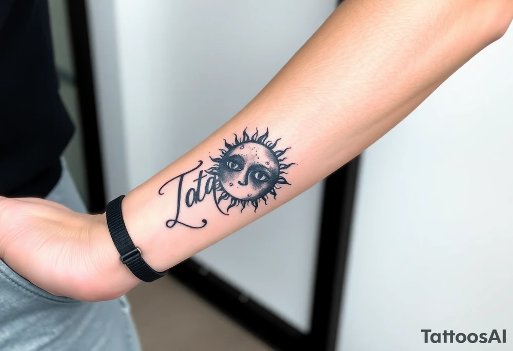 Forearm tattoo for a man using the name “Tatayana” Starting from the wrist, stretching to the elbow with the sun and moon tattoo idea