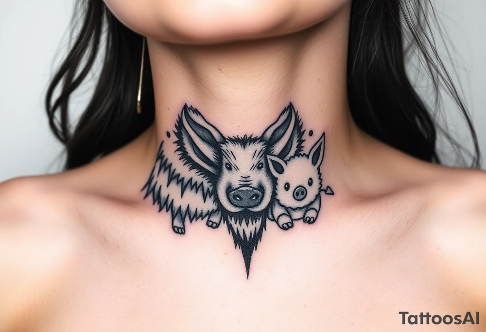Big bad wolf nursery rhyme wearing a sheep costume with sheep head hood to kill and eat the three little pigs and little red riding hood tattoo idea