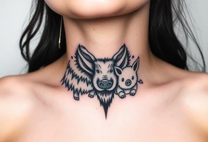 Big bad wolf nursery rhyme wearing a sheep costume with sheep head hood to kill and eat the three little pigs and little red riding hood tattoo idea