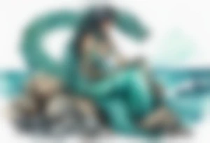 A sea serpent woman hybrid covered in turquois scales sitting on rocks by the ocean tattoo idea