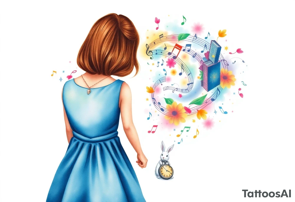 Back view of the silhouette of a brown hair girl in a blue dress. She is following a small white rabbit towards a magical colorful swirl of music notes, books, and flowers. A pocket watch is at the end of the swirl. tattoo idea