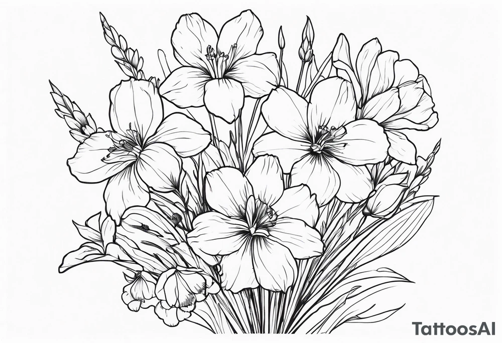 a tall, vertical minimalist style line art tattoo of a bouquet of violets, daffodils, gladiolus, and cosmos tattoo idea