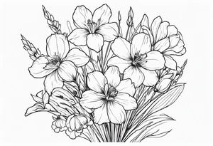 a tall, vertical minimalist style line art tattoo of a bouquet of violets, daffodils, gladiolus, and cosmos tattoo idea