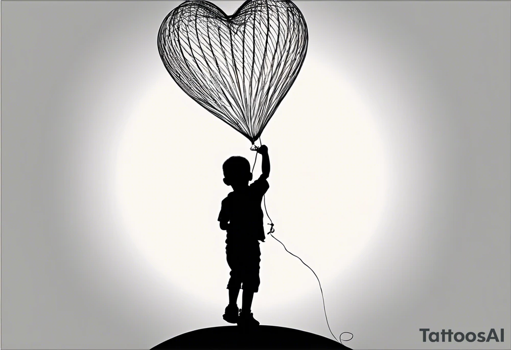 tatoo in little boy holding a string to the earth shaped baloon.
boy should be drawed from behinfd anhas one hand reaching up in 45 degree angle and holding the baloon string
the string has a big wave in like a hearbeat pulse on it.
hearth party baloon is tattoo idea