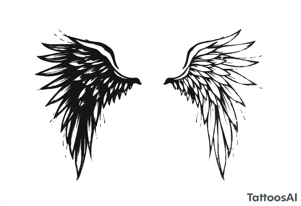 the wings go up

This tattoo design features a pair of asymmetrical angel wings drawn in black ink with a rough, sketch-like style. The left wing is darker, more defined, and appears denser, while the right wing is lighter, more delicate, and fragmented, creating a contrast between the two. The feathers are sharp and irregular, with fine lines and stray strokes extending outward, adding a raw and artistic feel. The overall look is dynamic and slightly chaotic, giving the impression of movement or an unfinished, ethereal form. This design symbolizes duality, freedom, transformation, or even struggle, making it a meaningful and visually striking tattoo. tattoo idea