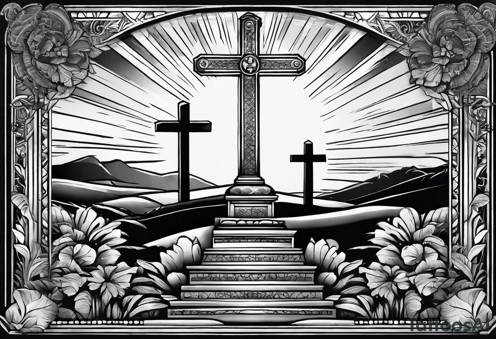 Tomb with cross and sun in the background tattoo idea