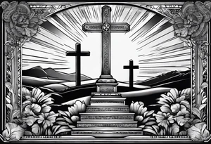 Tomb with cross and sun in the background tattoo idea