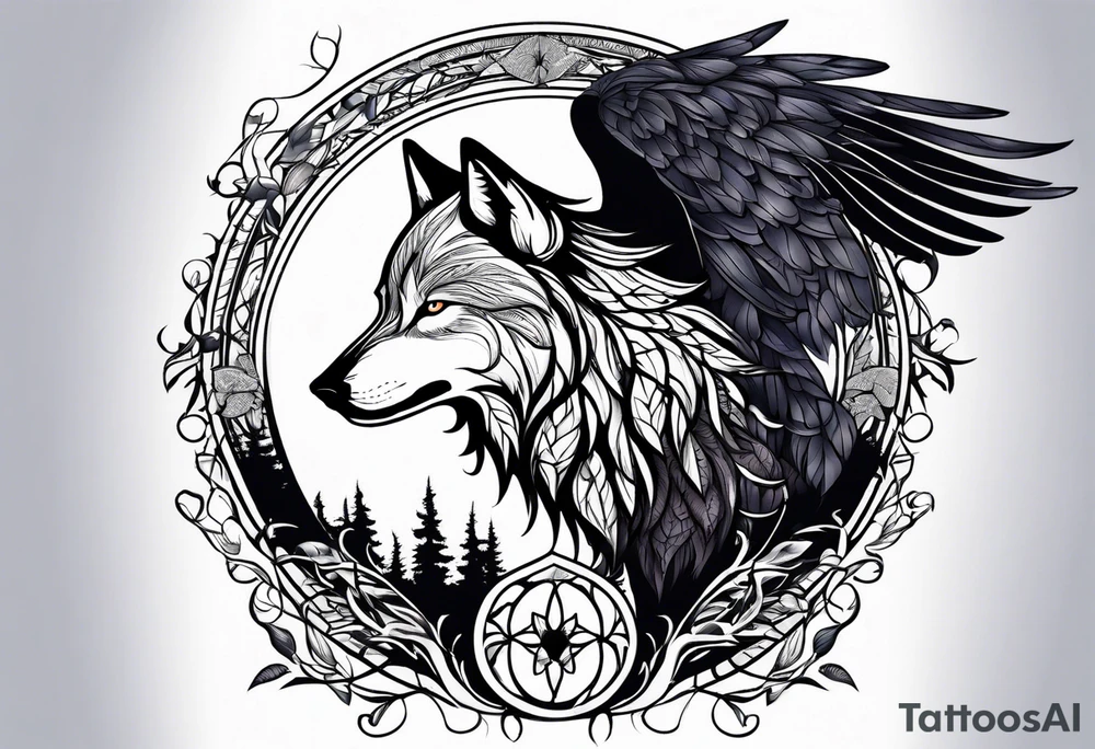 wolf raven and tree of life tattoo idea