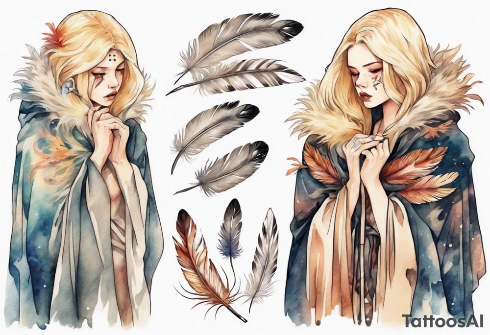 a sad blond woman with a feathered cloak tattoo idea