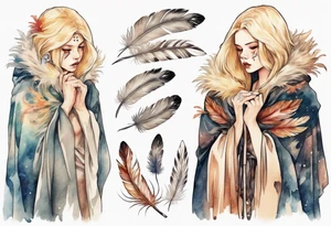 a sad blond woman with a feathered cloak tattoo idea