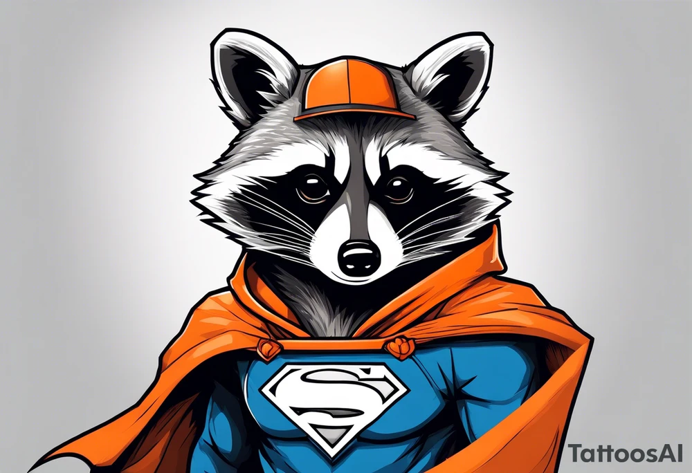Raccoon wearing an orange Superman hoodie tattoo idea