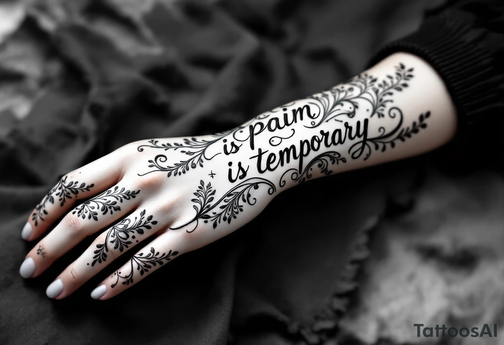 Indian style Henna tattoo for the inner wrist including words pain is temporary and make it taller than it is wide and have it flowing tattoo idea
