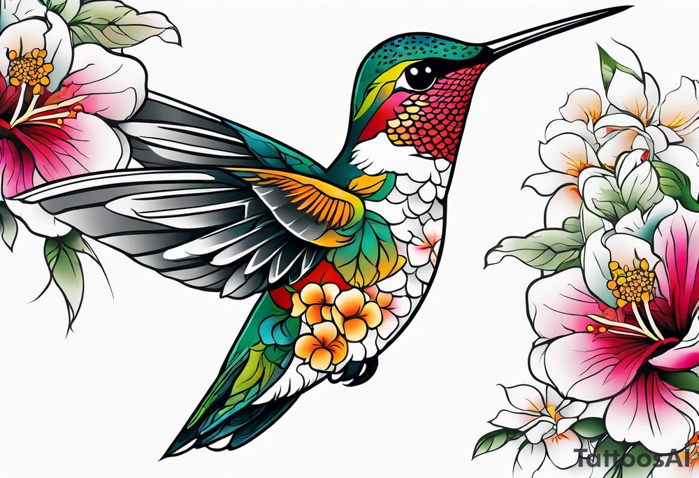 botanical, flowers, colorful, different, hummingbird tattoo idea