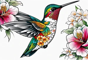 botanical, flowers, colorful, different, hummingbird tattoo idea