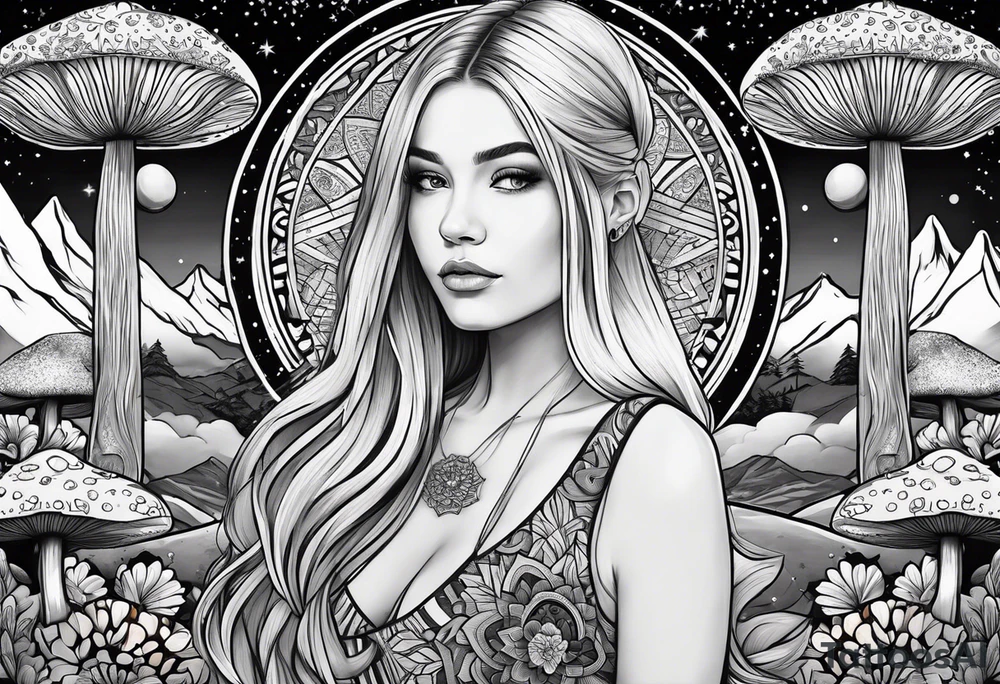 Straight blonde hair girl meditating facing away toward mountains surrounded by mushrooms crescent moon mandala circular design black and white striped dress tattoo idea