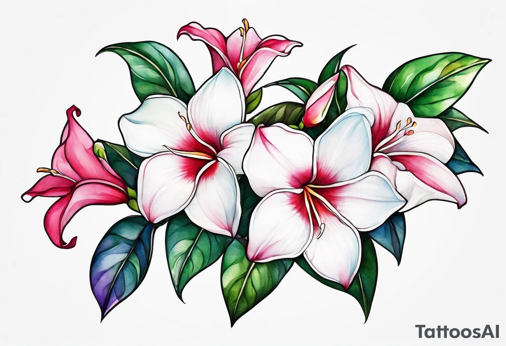 white background, abstract mandevilla flowers on a vine, part of it watercolor, part of it just line work tattoo idea