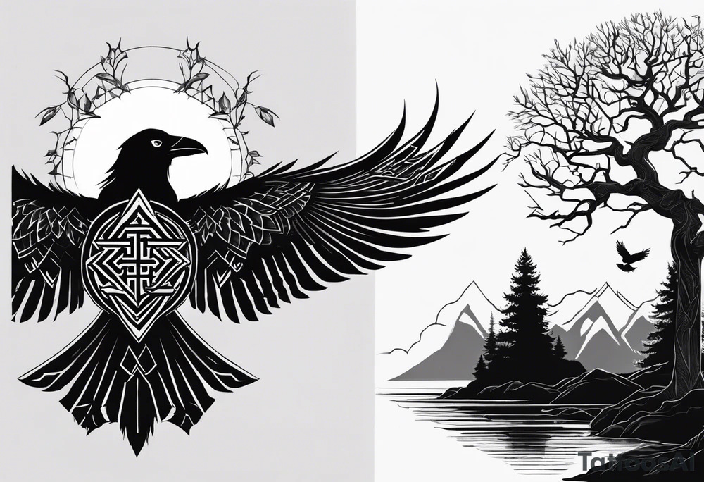 Viking design. Vegvisir on top of a raven with its wings outstretched, below it a Viking valknut symbol intertwined beneath it a tree if life design tattoo idea