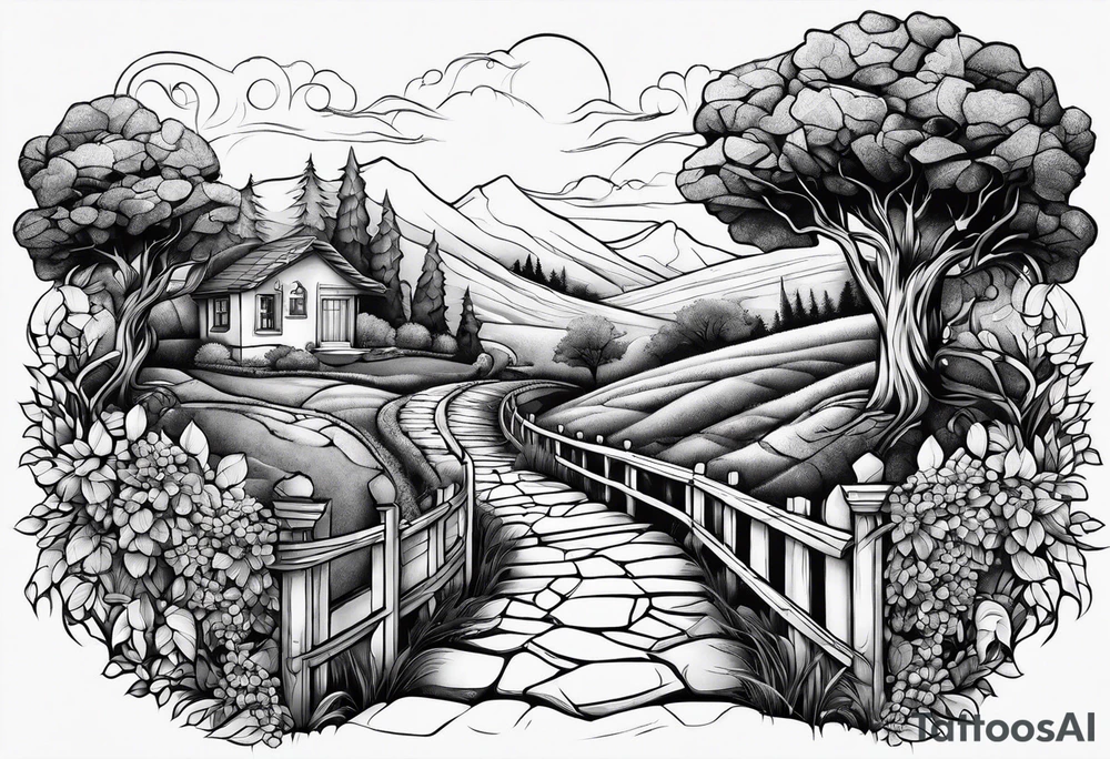 stone road over leafy vines tattoo idea